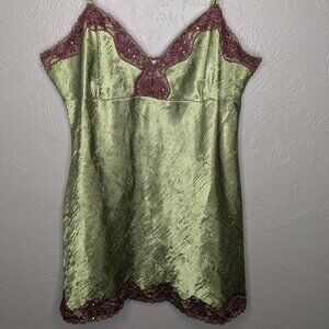 No Boundaries Juniors Large Green Brown Y2K 2000 Babydoll Lace Trim Beads Cami